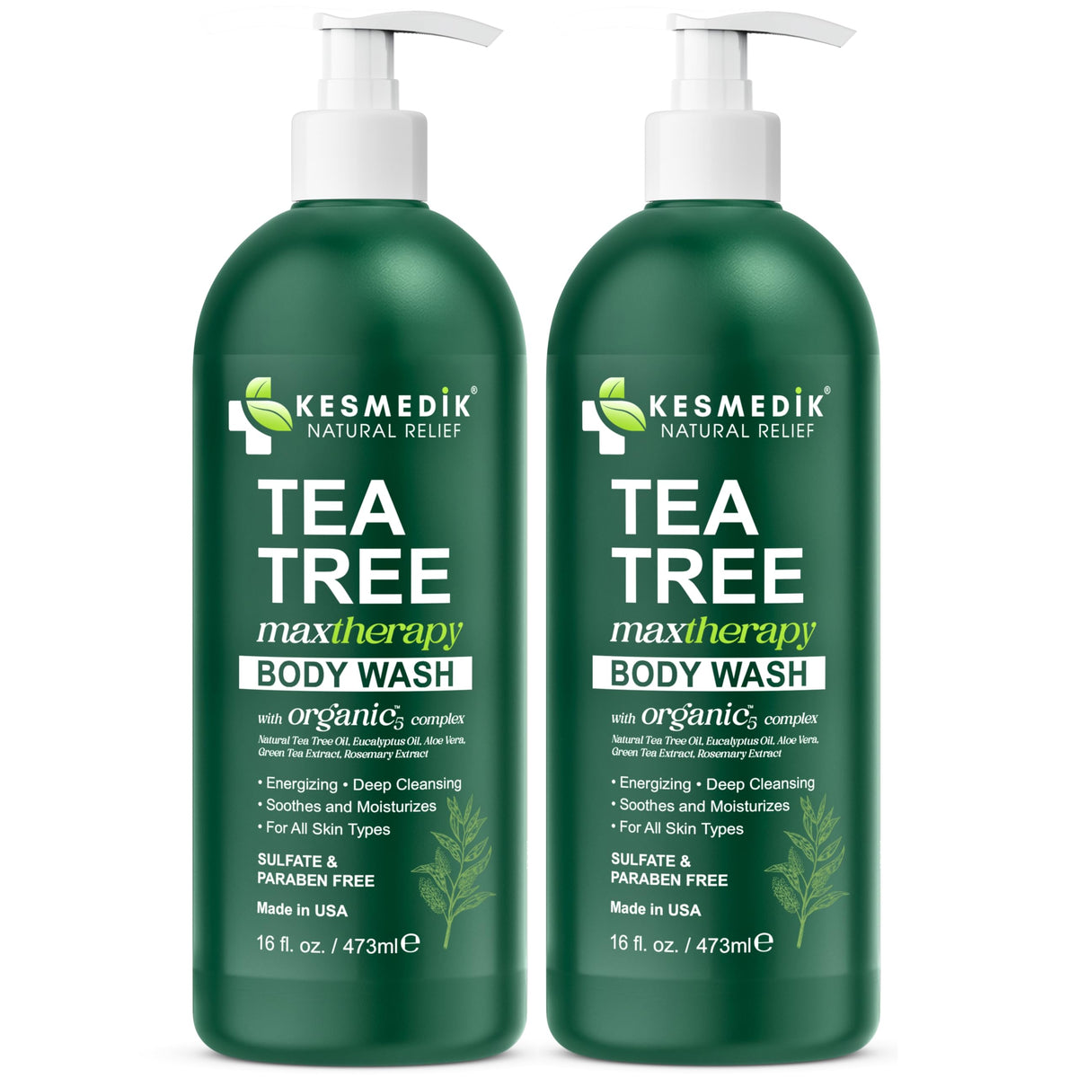 Aloe vera and tea tree next to KESMEDIK bottle to show natural ingredients