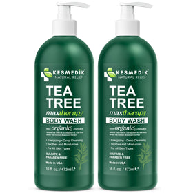 Aloe vera and tea tree next to KESMEDIK bottle to show natural ingredients