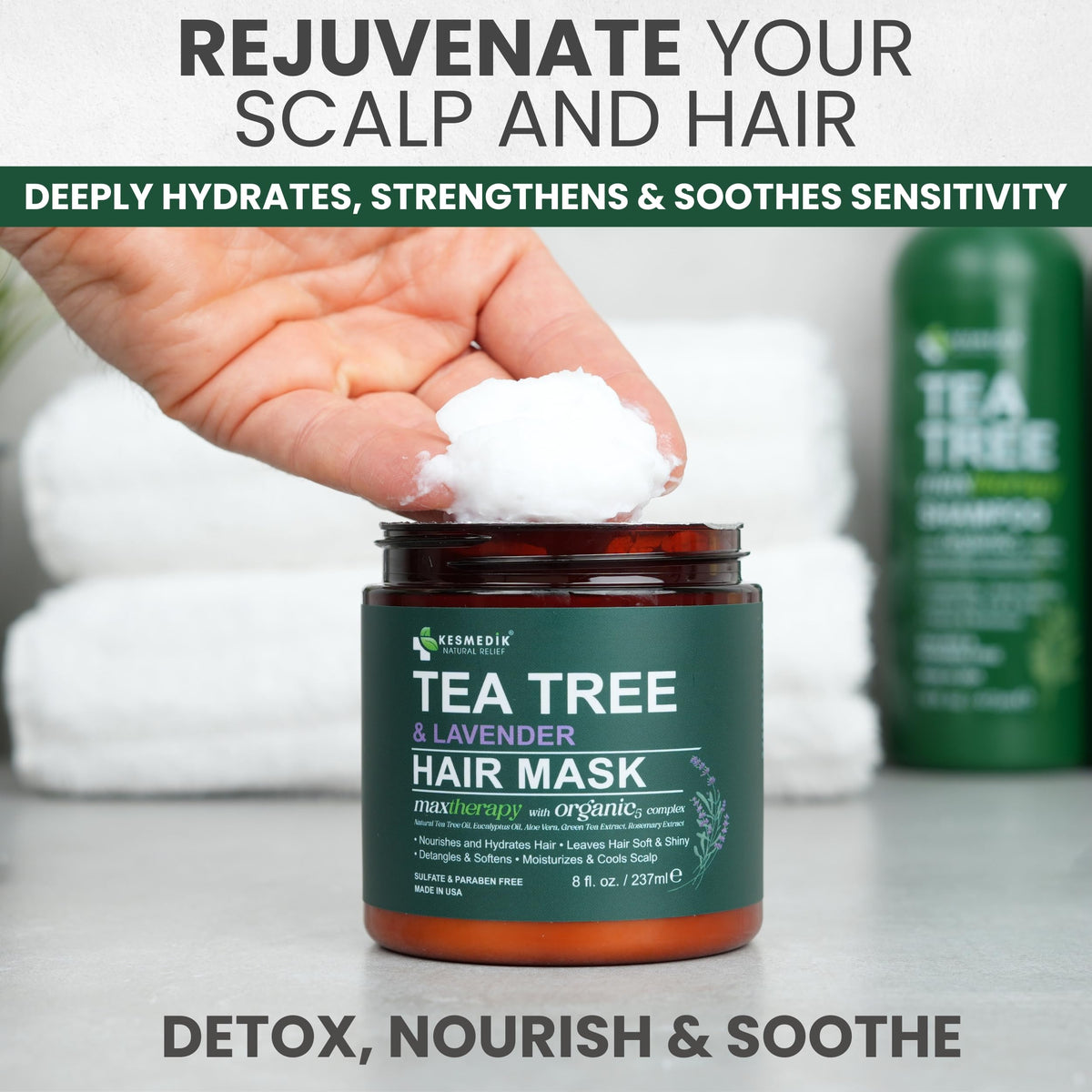 KESMEDIK ingredients layout with tea tree rosemary lavender for soothing scalp