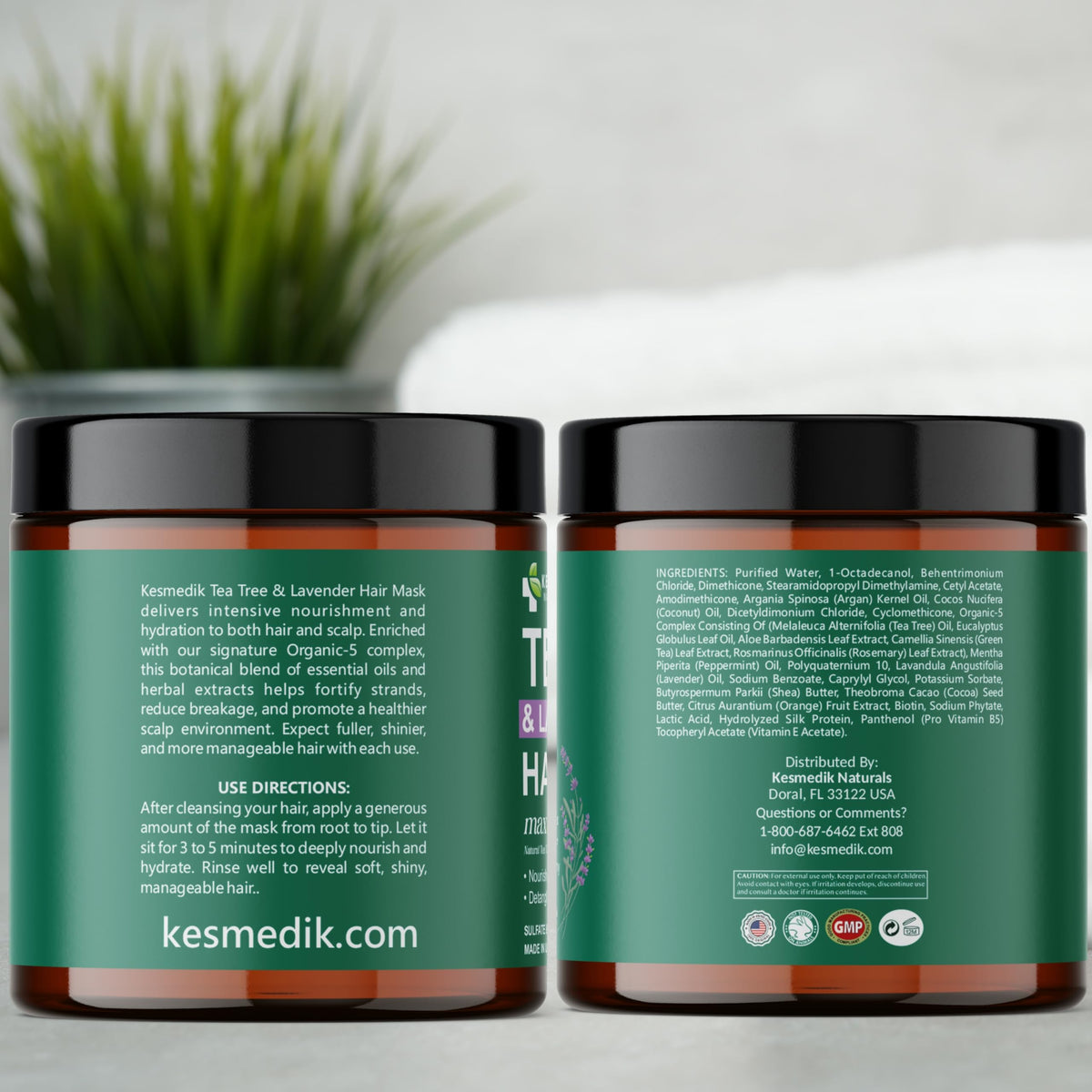 KESMEDIK jar on bathroom shelf styled for everyday hair care ritual