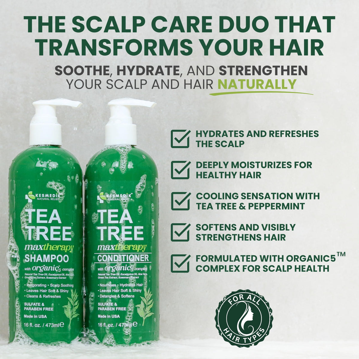KESMEDIK shampoo label close-up highlighting natural tea tree benefit