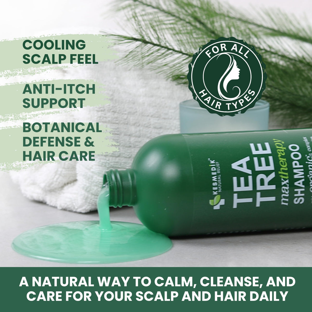 KESMEDIK shampoo in hand showing lightweight feel and refreshing tingle benefit