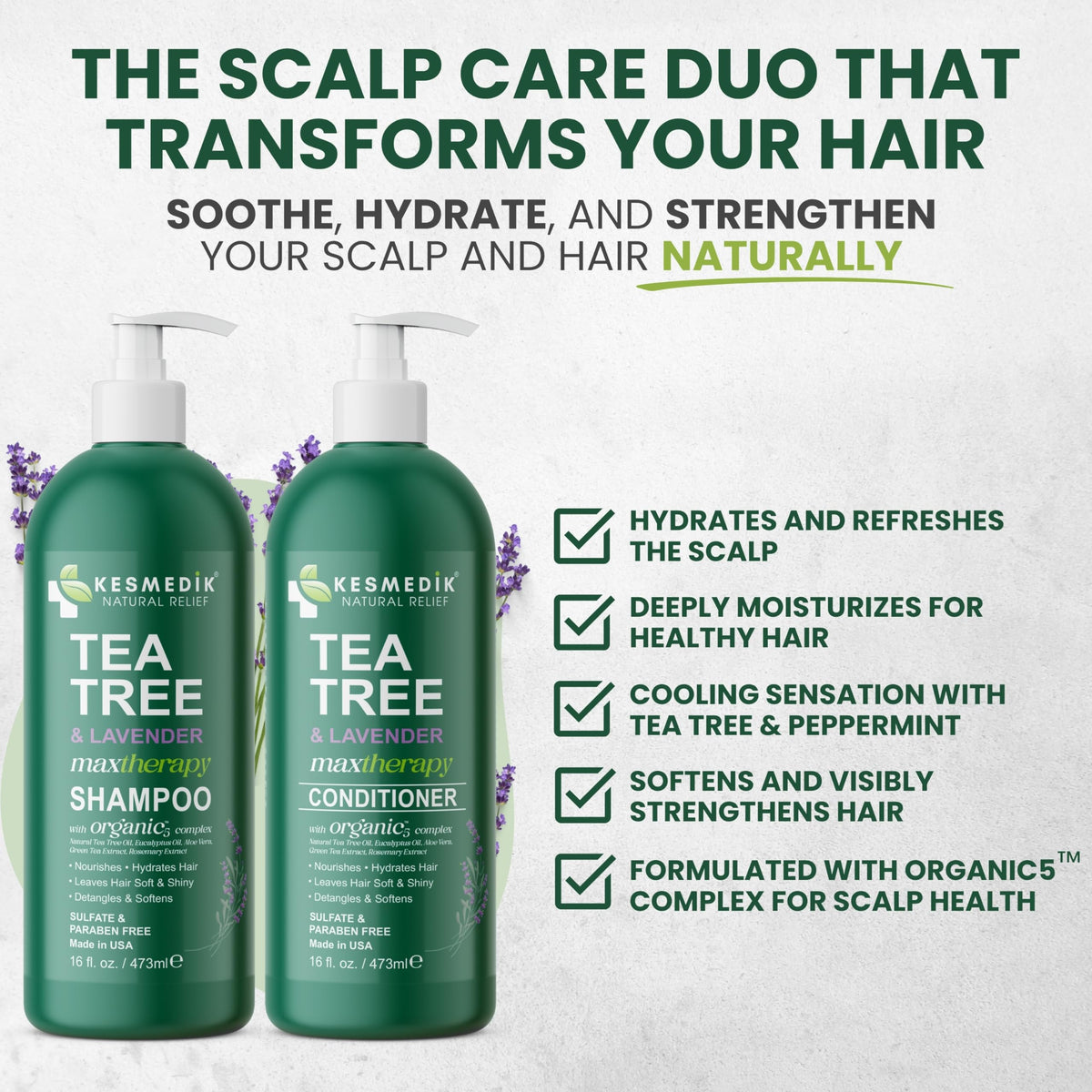 KESMEDIK shampoo pour closeup illustrating clear, foaming action and cooling mint benefit for a refreshed scalp