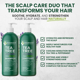 KESMEDIK shampoo pour closeup illustrating clear, foaming action and cooling mint benefit for a refreshed scalp