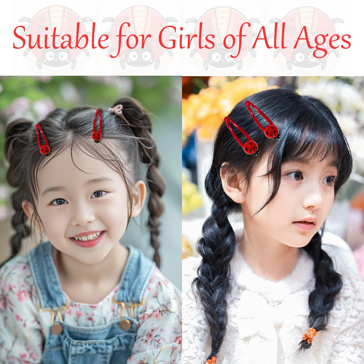 Kesvila child wearing matching ladybug clips adding playful charm