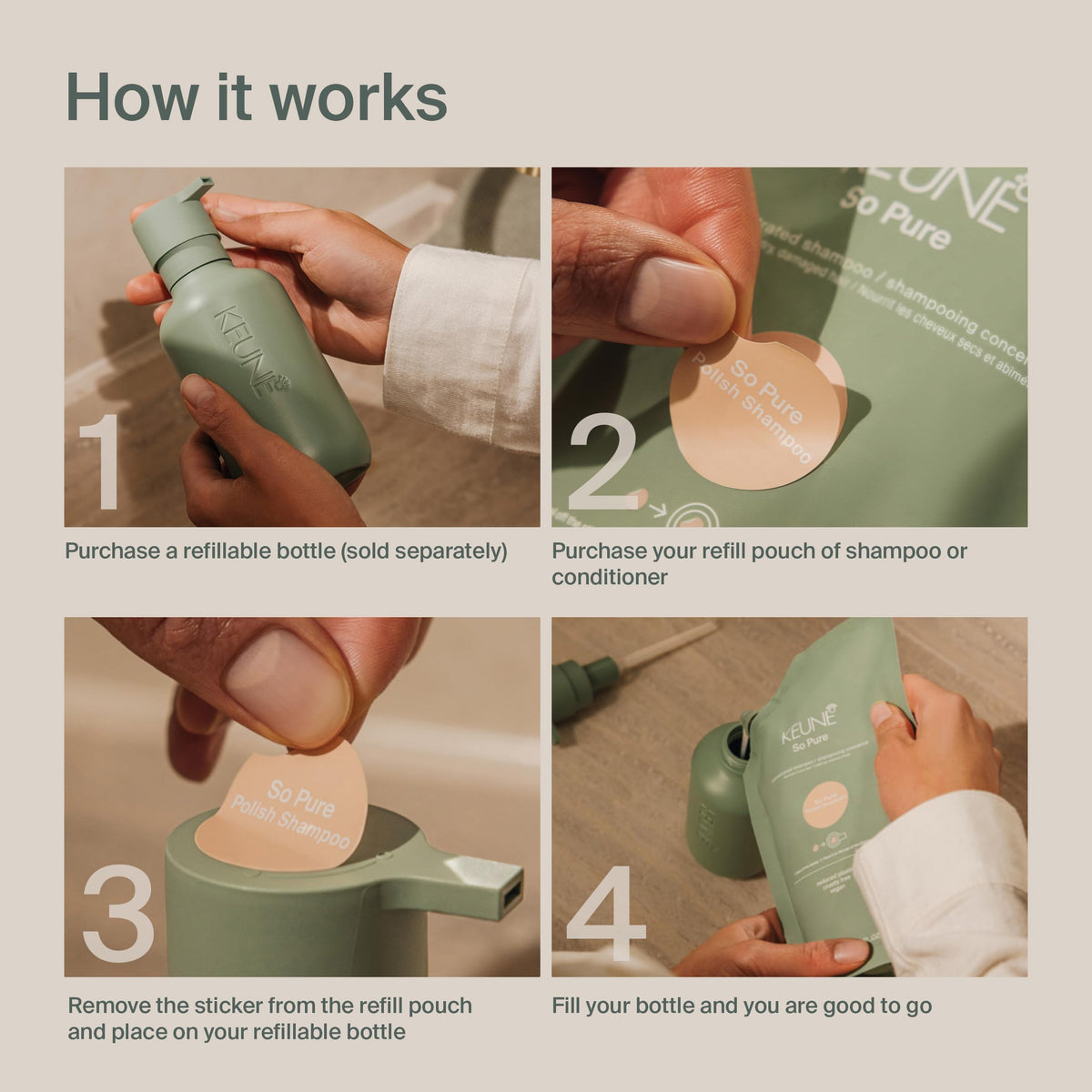 KEUNE pump close-up demonstrating smooth dispensing and controlled dosing
