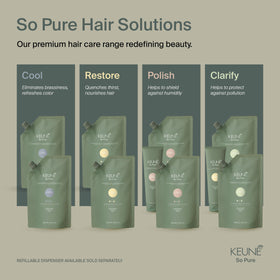 KEUNE dispenser beside common items showing 400ml capacity and scale