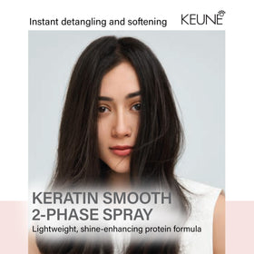 KEUNE bottle sprayed onto hair demonstrating easy application and detangling