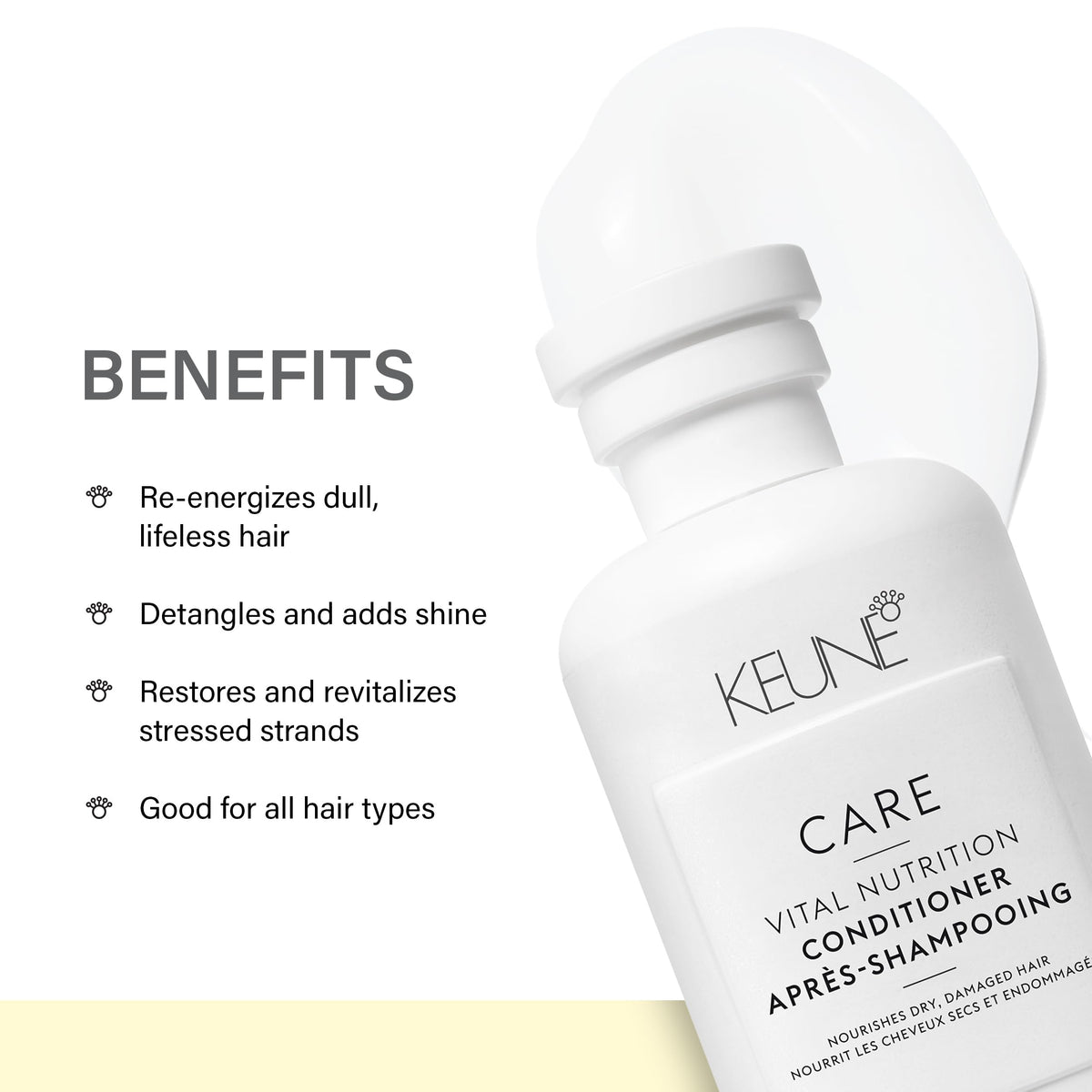KEUNE conditioner applied to wet hair in shower, detangles and smooths strands