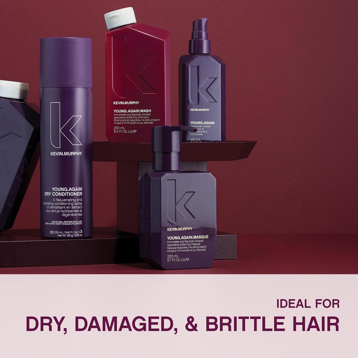 KEVIN.MURPHY 1L bottle next to a hand for size comparison and value benefit
