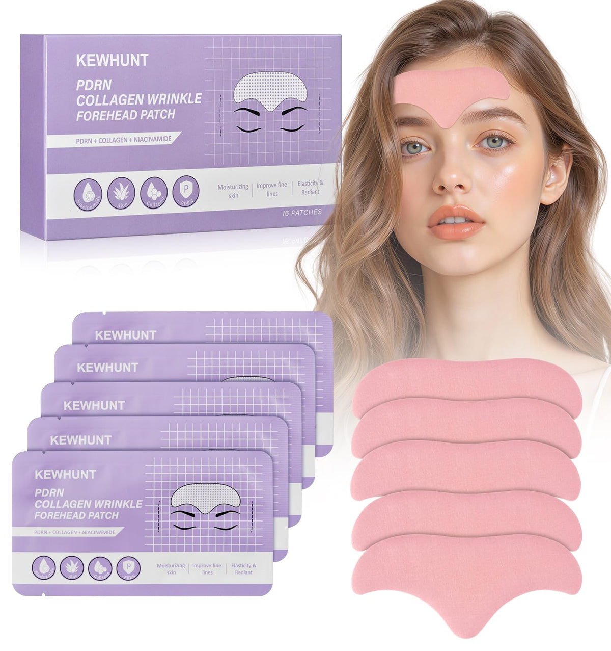 Kewhunt front packaging showing 16 forehead wrinkle patches and benefits