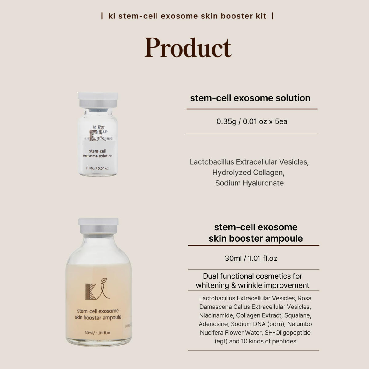 ki cosmetics ampoule and five vials arranged for easy kit overview