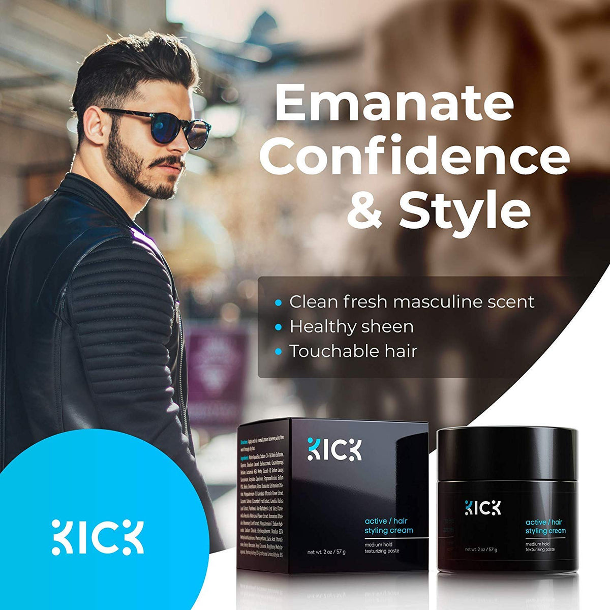 Kick before and after showing thicker, fuller-looking hair after use benefit
