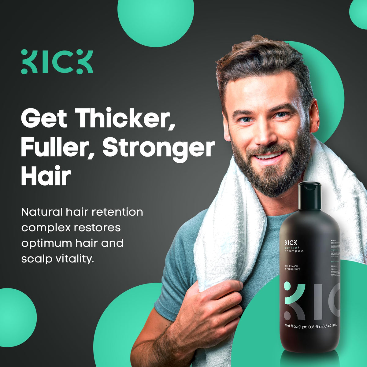Kick ingredient label highlighting tea tree and peppermint benefits
