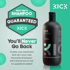 Kick shampoo on bathroom shelf suggesting daily grooming routine