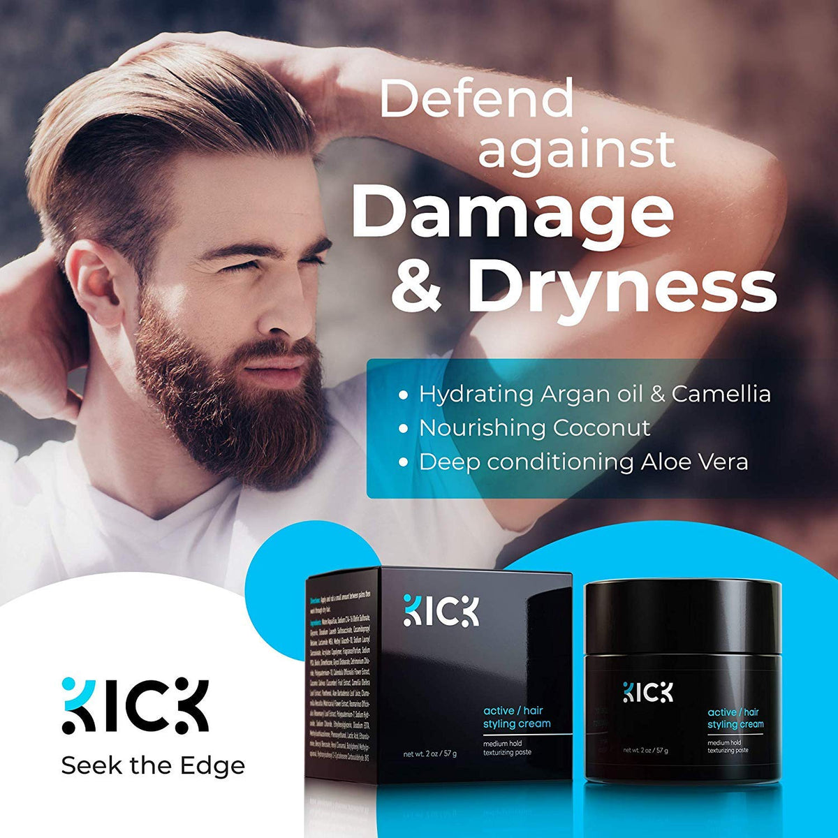 Kick top label detail highlighting ingredients and clean masculine design benefit