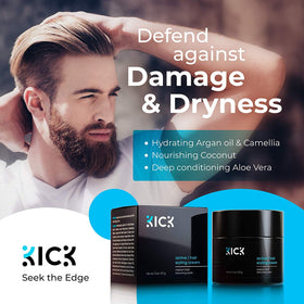 Kick top label detail highlighting ingredients and clean masculine design benefit