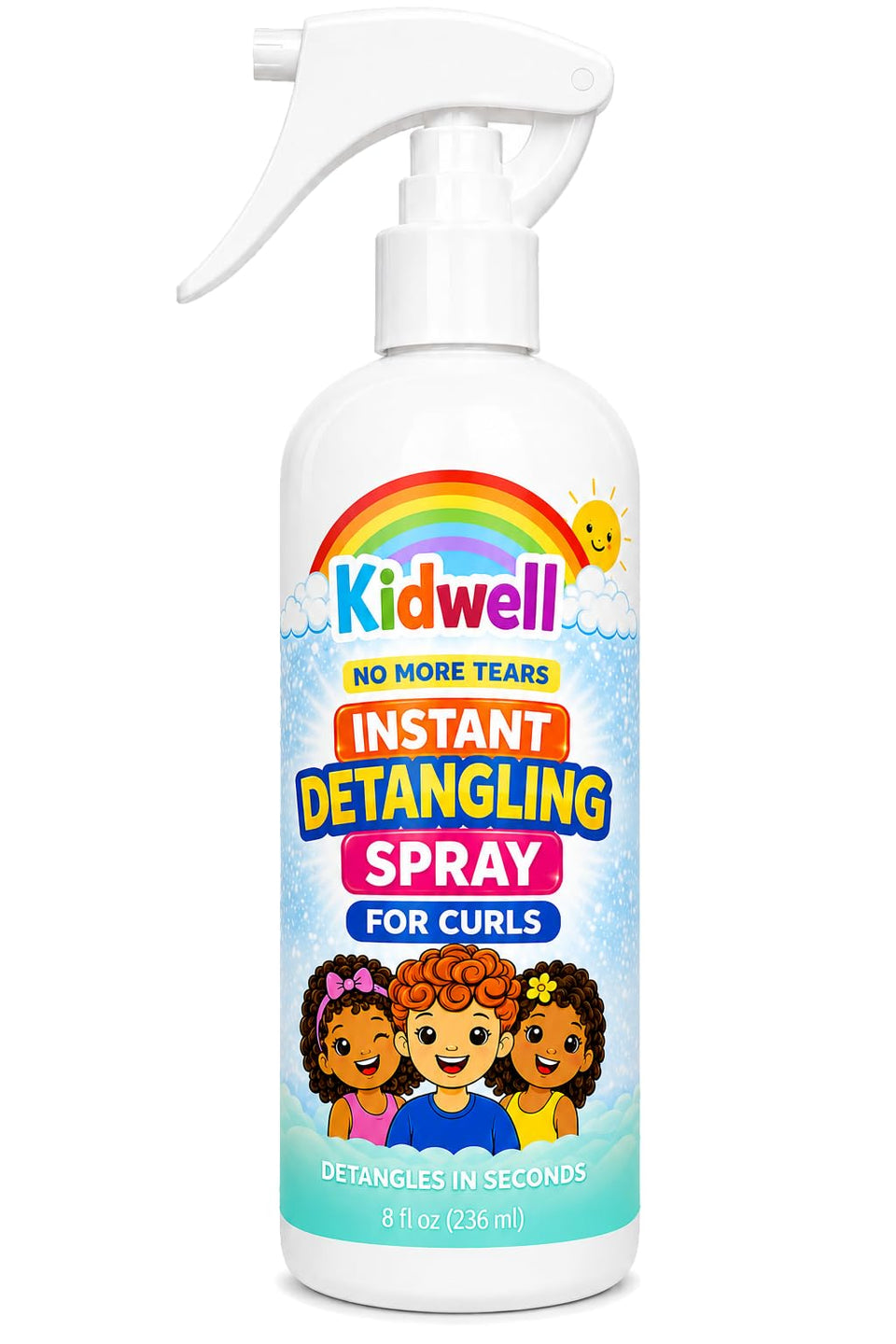 Kidwell bottle front packaging showing clear kid-friendly detangler benefit