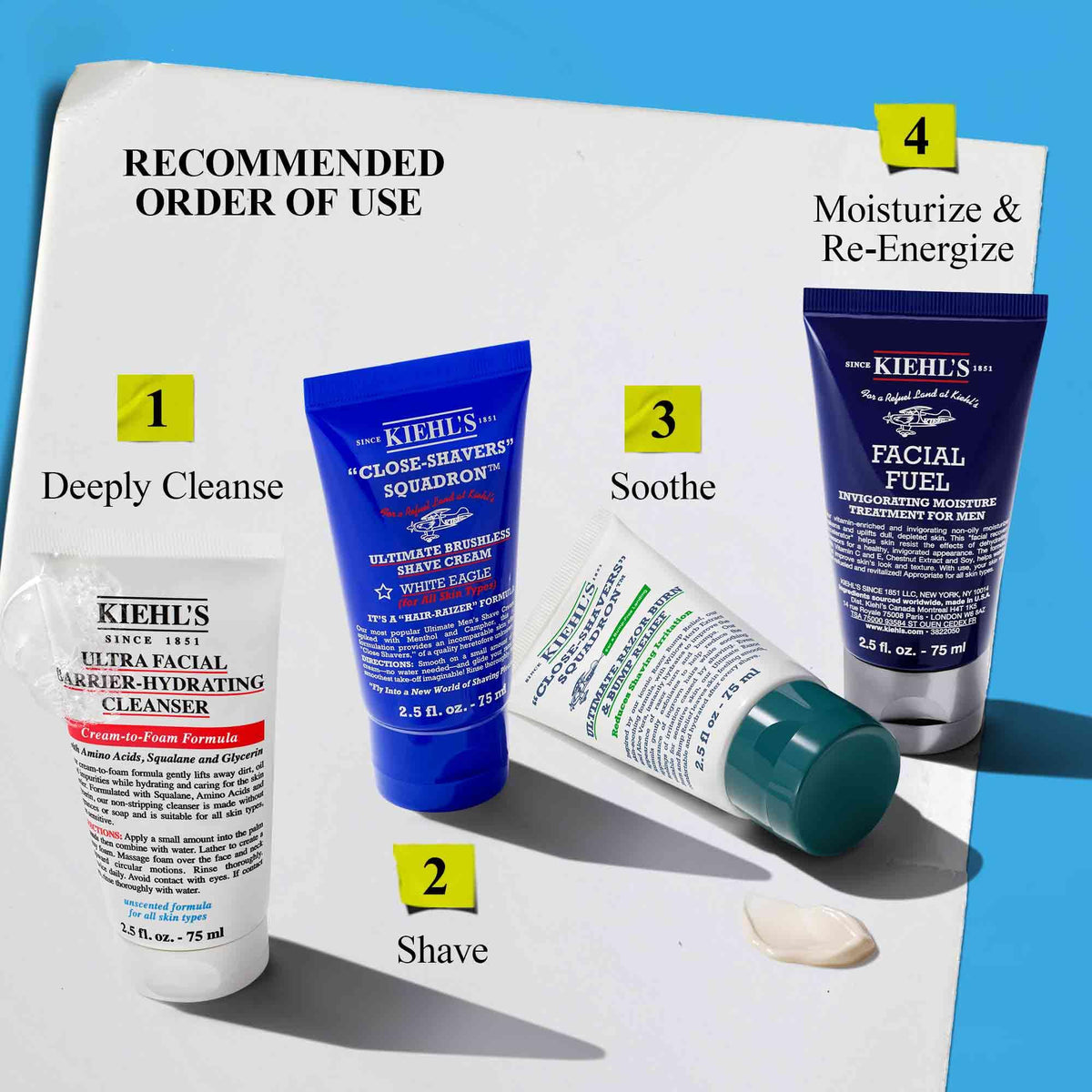 Kiehl's after shave application in hand illustrating calming benefit for post-shave relief