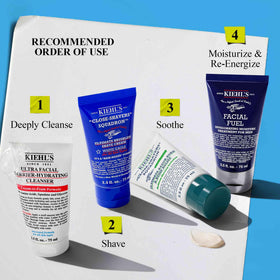 Kiehl's after shave application in hand illustrating calming benefit for post-shave relief