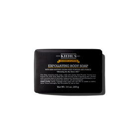 Kiehl's front packaging of exfoliating body bar showing product and woodsy scent benefit