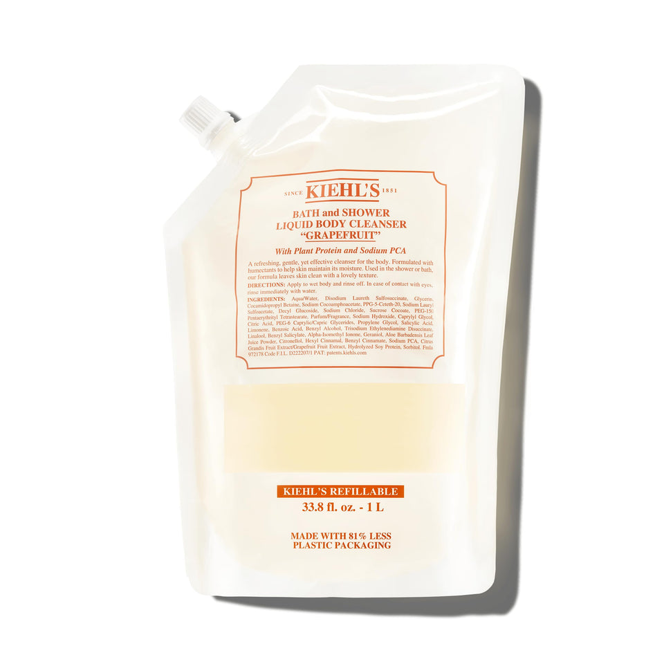 Kiehl's front label view showing product name and size, conveys clear refill branding and benefits