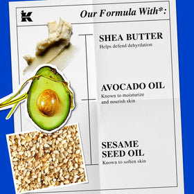 Kiehl's hand salve ingredient label highlighting Shea, Avocado, Sesame benefits