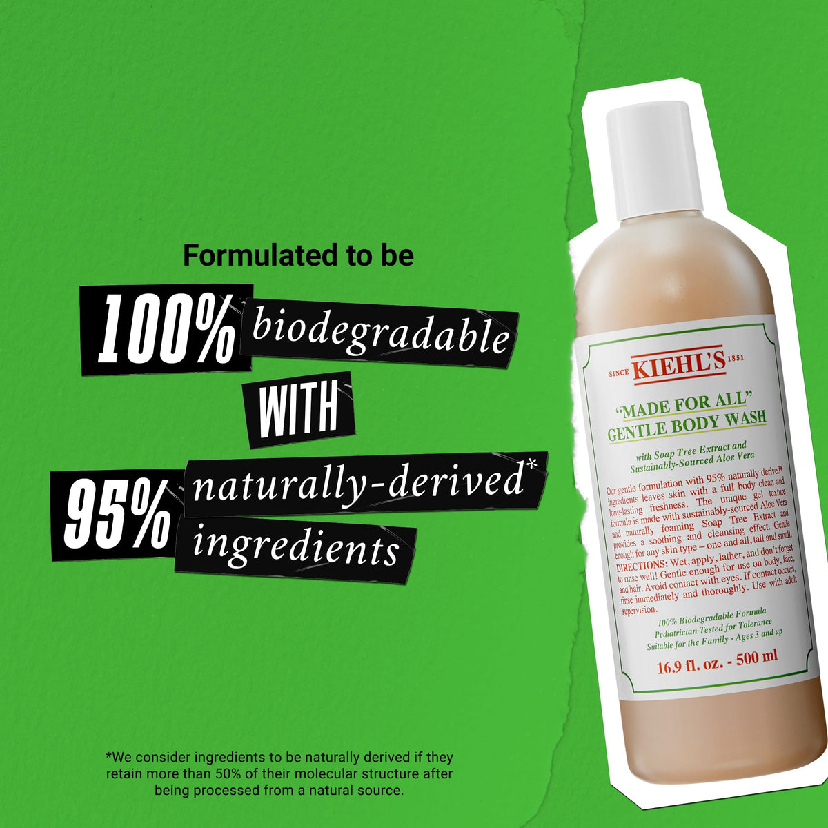 Kiehl's Made for All bottle next to common items to show 16.9 fl oz scale and travel convenience