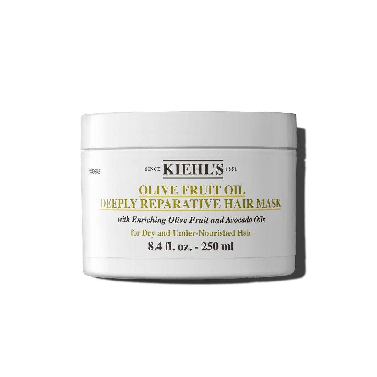 Kiehl's front jar of Olive Fruit Oil Deeply Reparative Hair Mask showing packaging and benefit of intense moisture