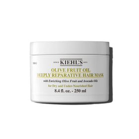 Kiehl's front jar of Olive Fruit Oil Deeply Reparative Hair Mask showing packaging and benefit of intense moisture