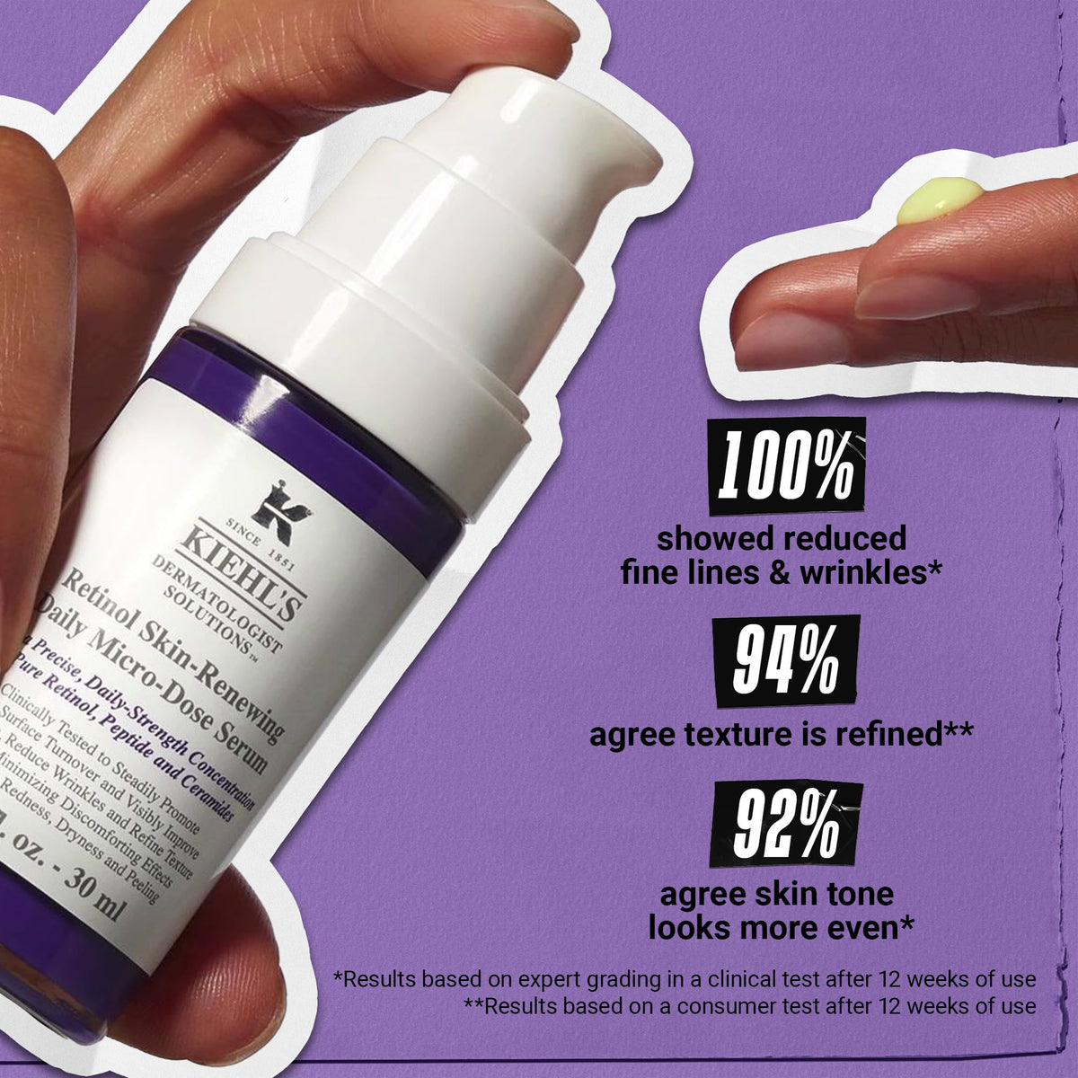 Kiehl's serum texture on fingertip drop, highlights lightweight hydrating feel