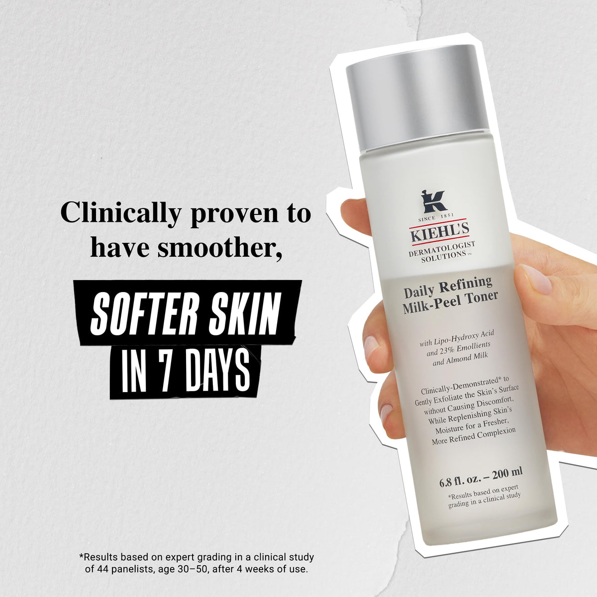 Kiehl's toner held in hand for size comparison, conveys convenient 6.8 fl oz