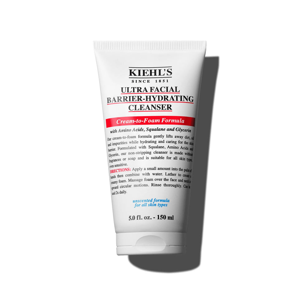 Kiehl's front packaging showing cleanser and benefits for gentle cleansing