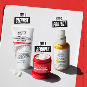 Kiehl's lifestyle image of relaxed person applying cream conveying calming relief