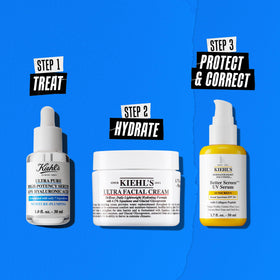 Kiehl's serum on bathroom counter in routine, suggests everyday hydration benefit