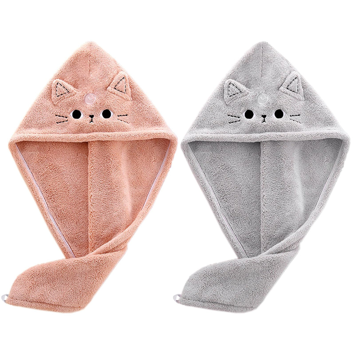 KIGOTWIN front view of two cat towel wraps showing playful design and quick-drying benefit
