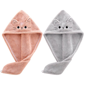 KIGOTWIN front view of two cat towel wraps showing playful design and quick-drying benefit