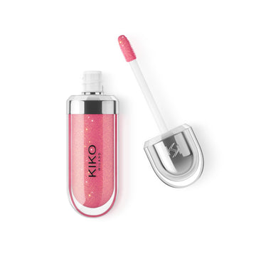 Kiko Milano gloss front tube showing pearly watermelon shade and sleek packaging benefit: clear product ID