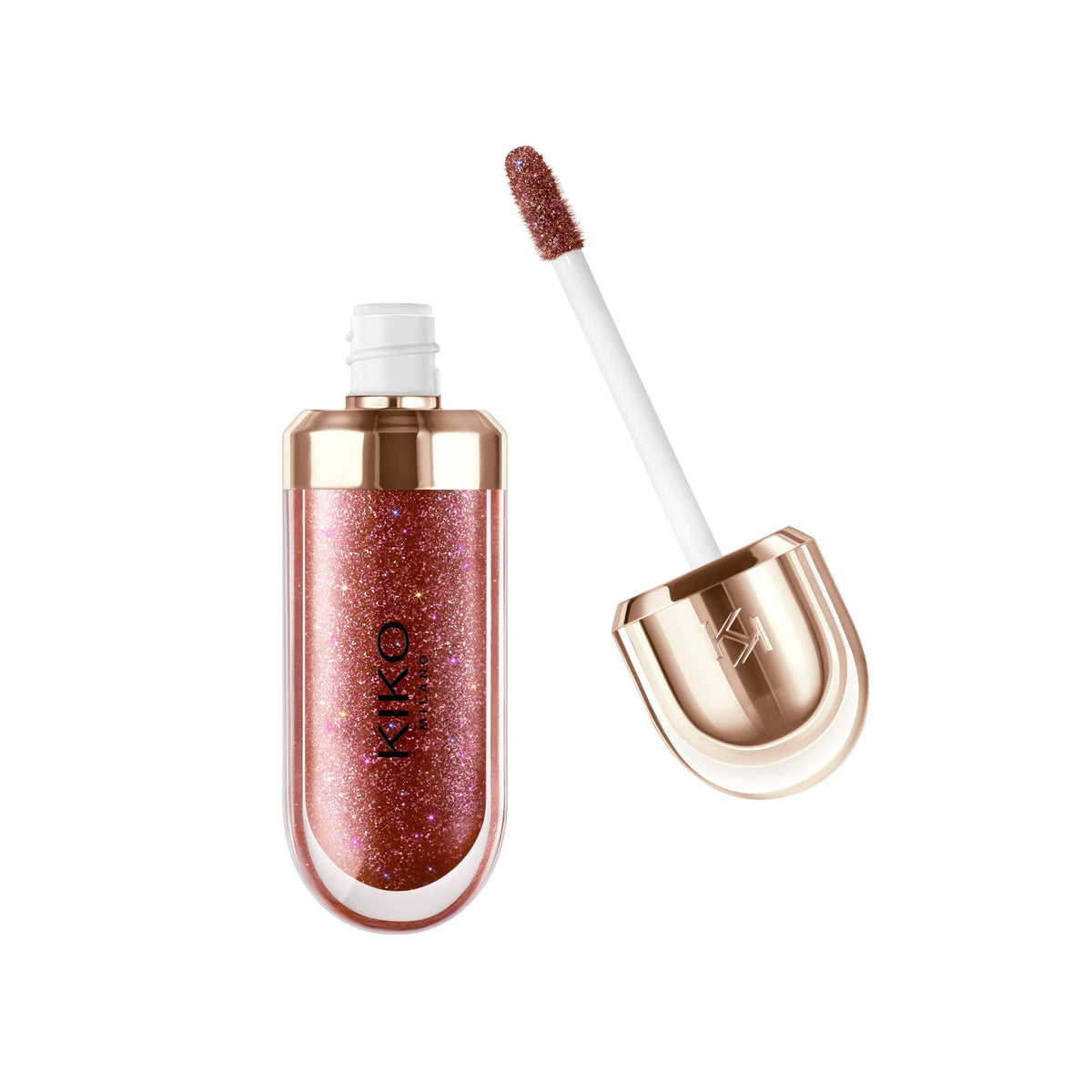 KIKO Milano lipgloss front view showing limited-edition rose gold bottle and glossy finish