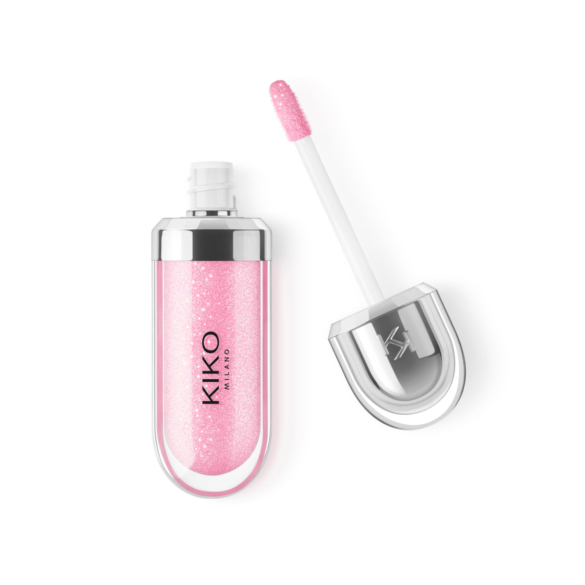 Kiko Milano front tube showing pearly pink gloss and metallic cap for premium look