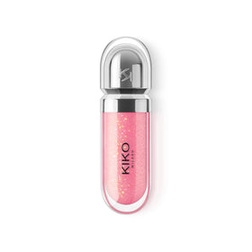 Kiko Milano lifestyle shot of model smiling wearing Sparkling Hibiscus Pink gloss for radiant look