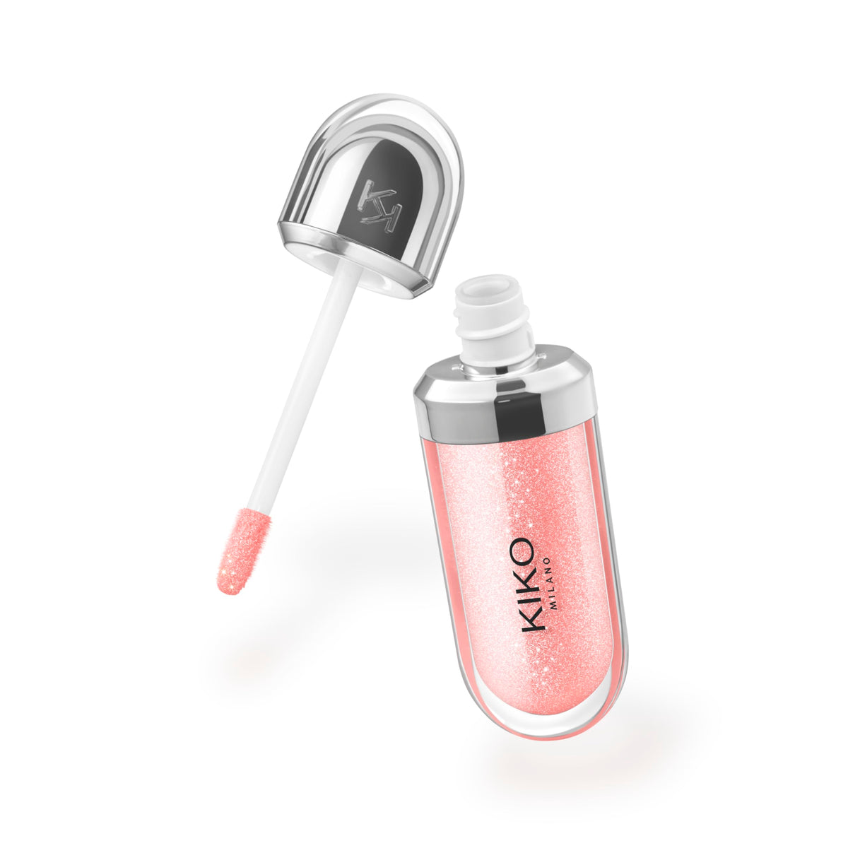 Kiko Milano texture close-up of pearly peach rose gloss showing luminous, hydrating finish