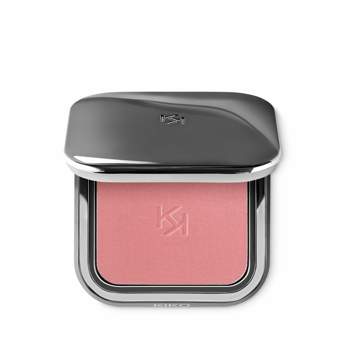 KIKO Milano compact front view showing sleek gunmetal case and KK logo benefit: portable elegance