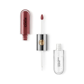 Kiko Milano front packaging showing dual-ended longwear lipstick and glossy finish benefit