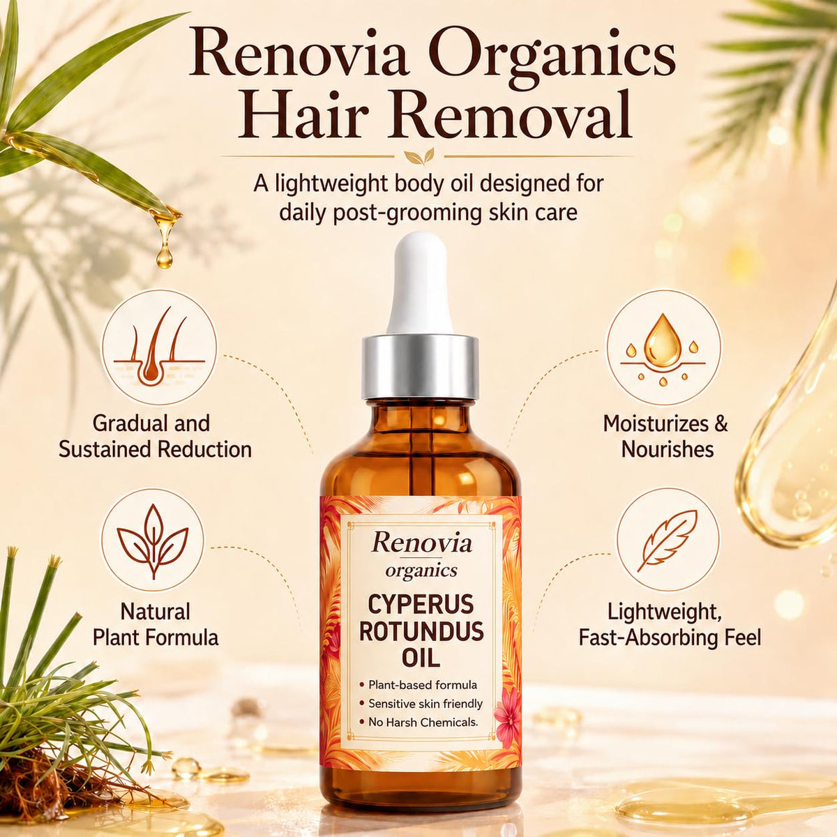 KILIBUM Renovia Organics oil pouring from dropper, highlighting easy controlled application