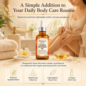 KILIBUM Renovia Organics bottle on bathroom shelf with towels, suggesting daily routine use