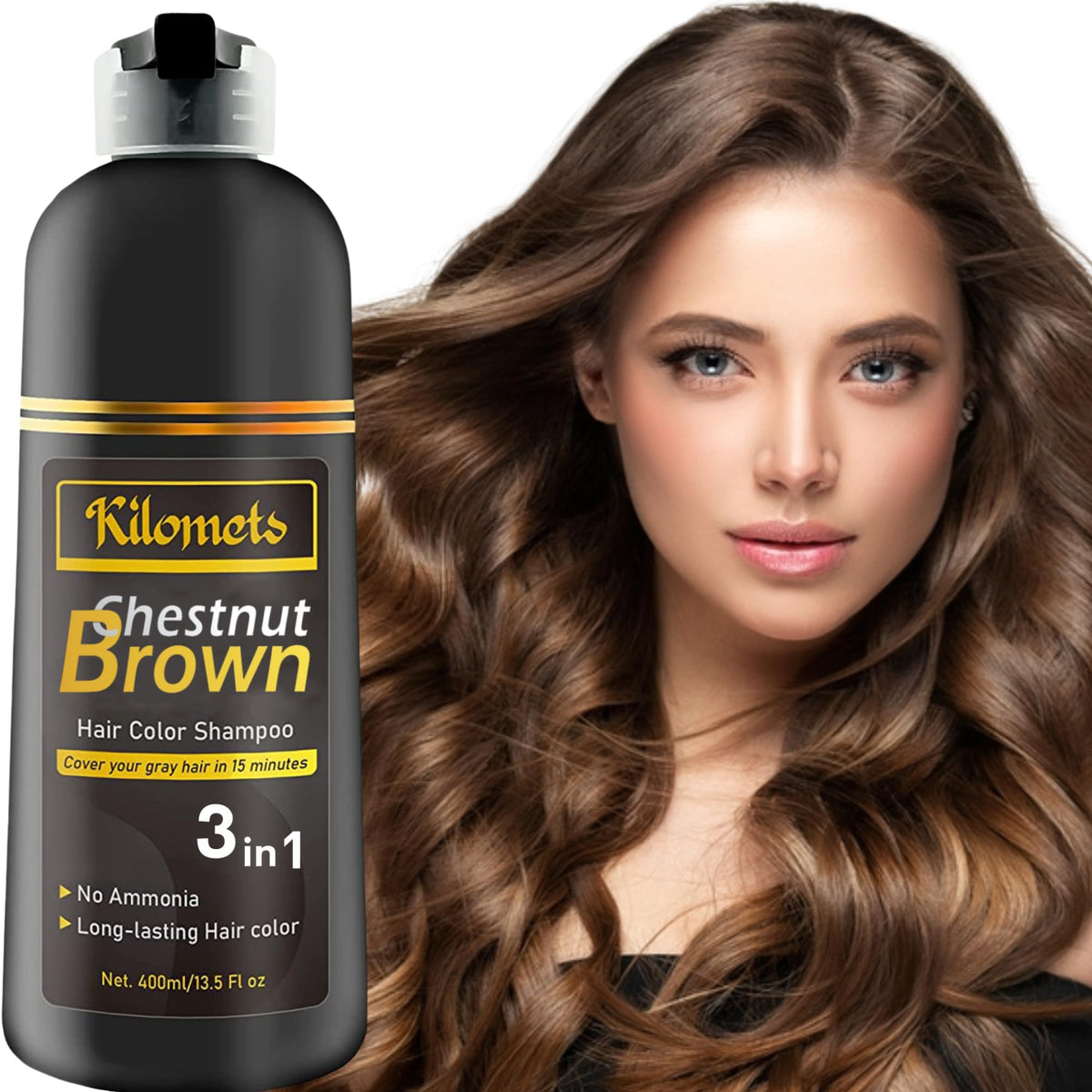 KILOMETS front packaging showing chestnut brown 3-in-1 shampoo benefit