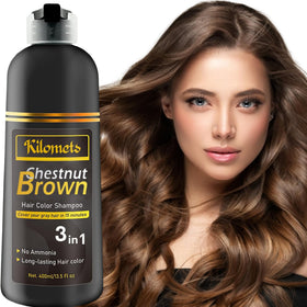 KILOMETS front packaging showing chestnut brown 3-in-1 shampoo benefit