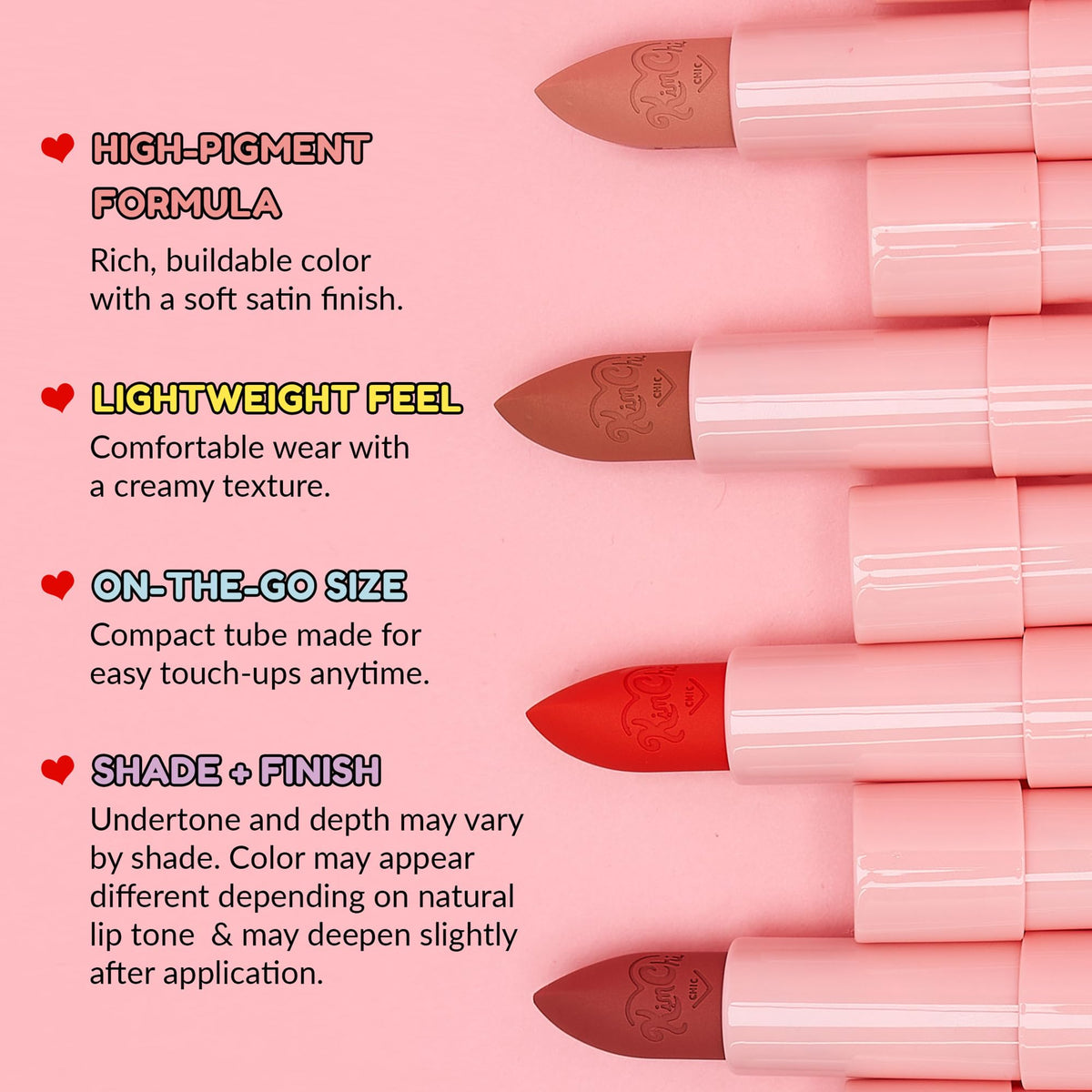 KimChiChic shade 04 Nineteen on lips closeup highlighting vibrant cool pink and high pigment