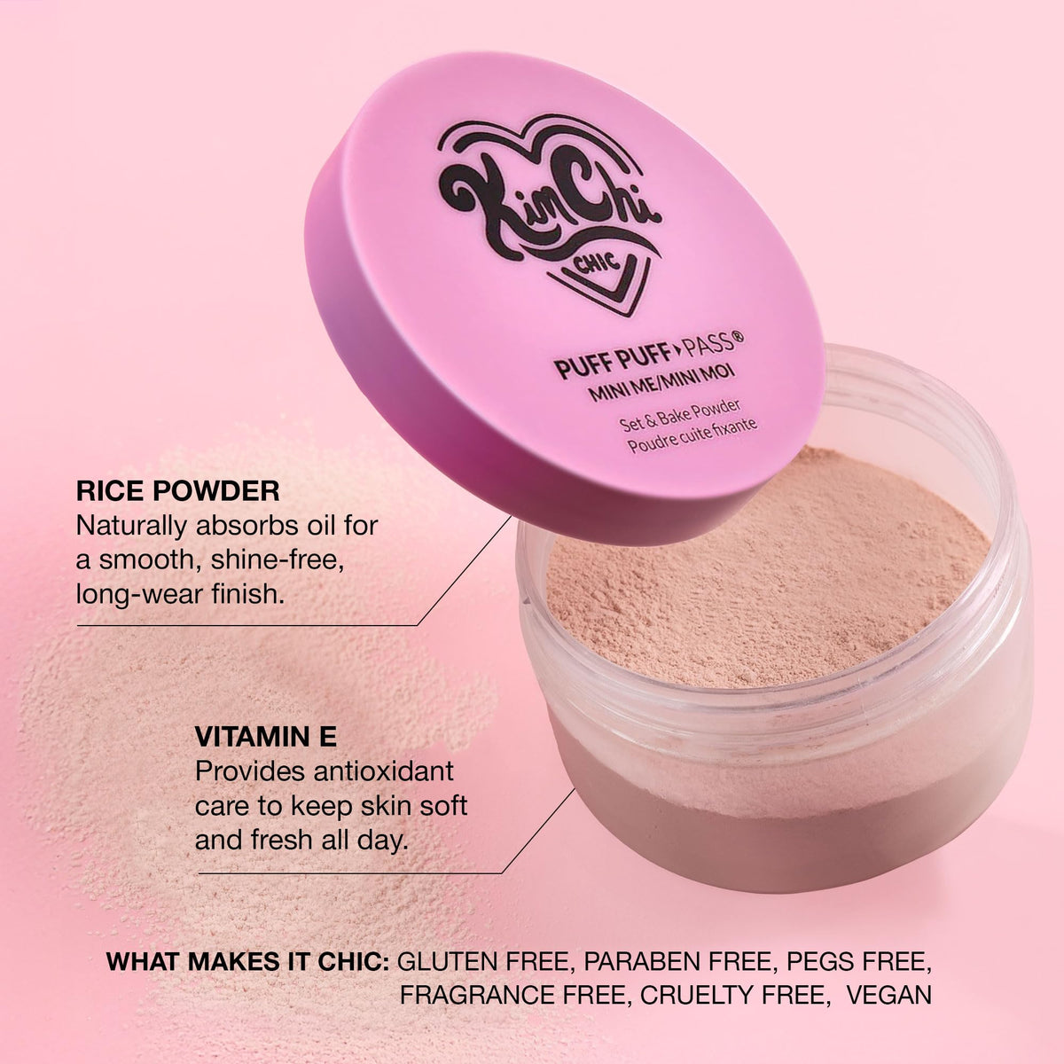 KimChiChic ingredients label showing rice powder and vitamin E benefits